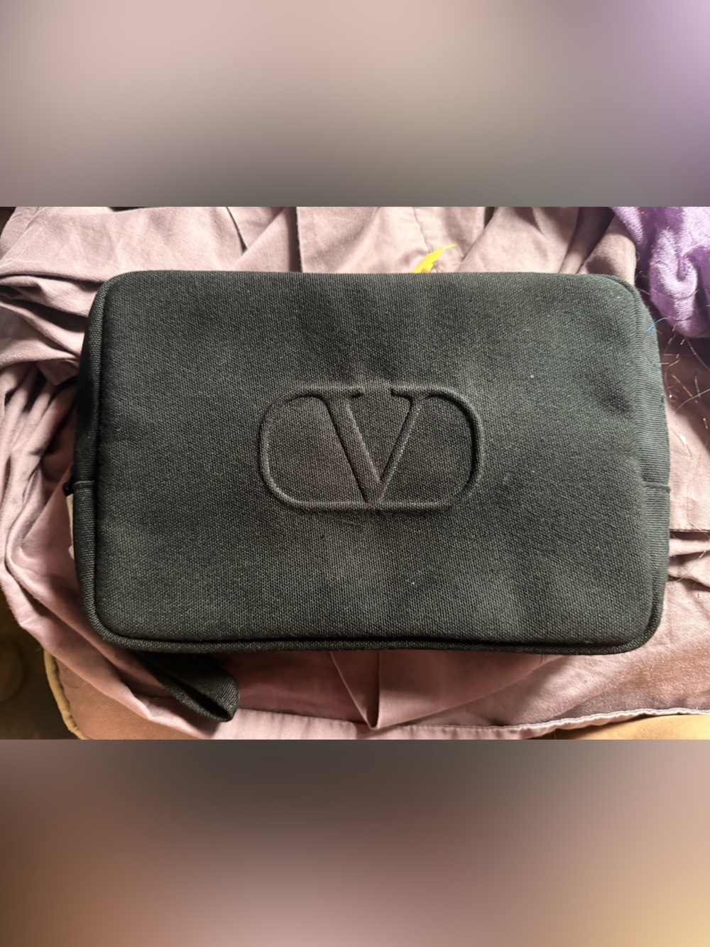 New Valentino Black Embroidered V Logo Canvas Pouch
